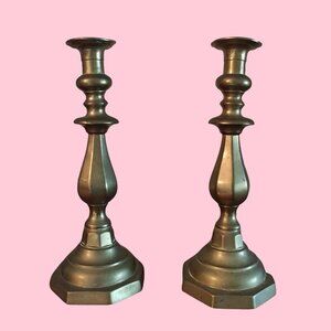 Antique 1730's Queen Anne 18th Century Majestic Bell Metal Pair of Candlesticks